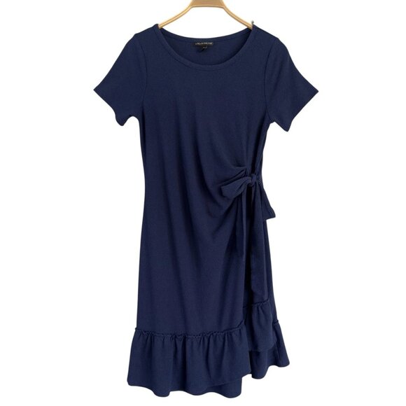 A Pea in the Pod Maternity Dark Blue Side Tie Ruffle Hem Midi Dress Size Small - Picture 5 of 9